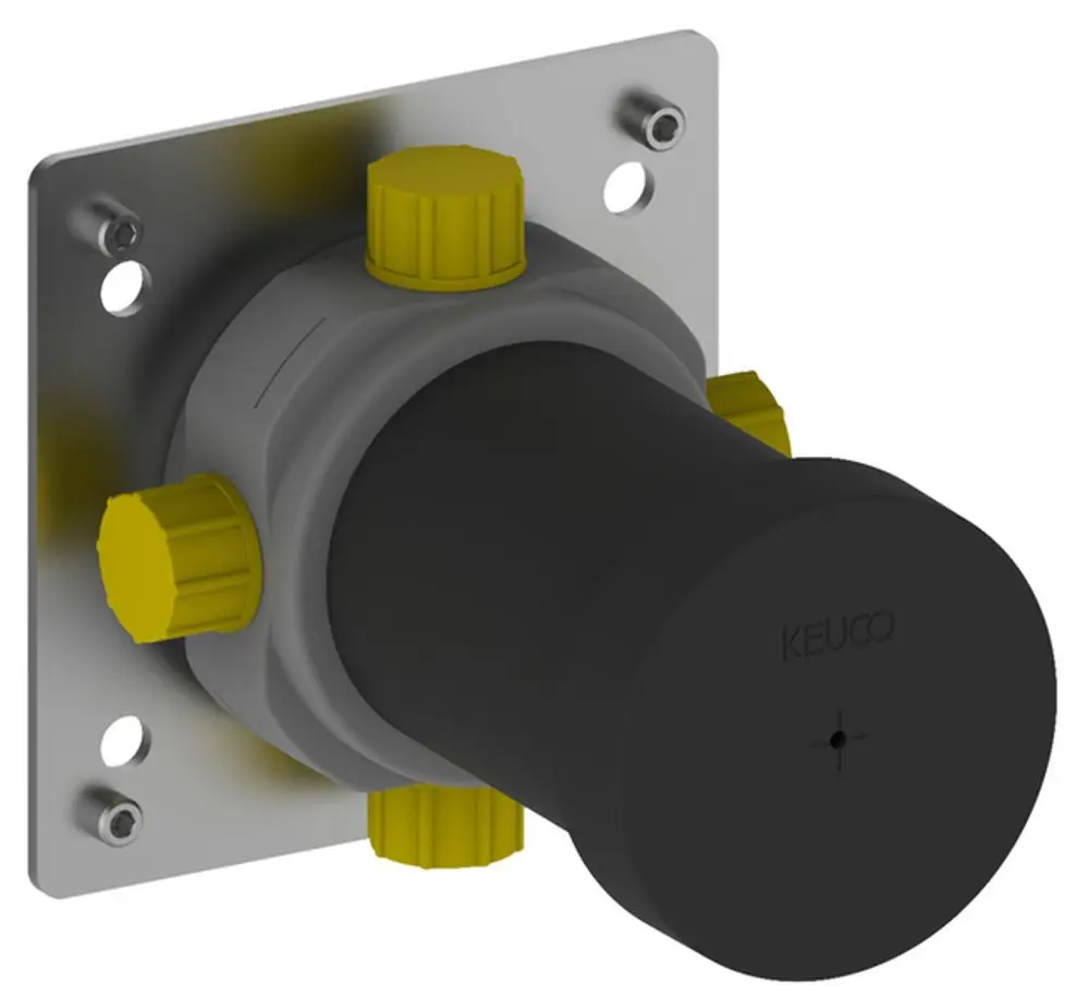 Funktionseinheit mit drei steuerbaren Ventilen, gefertigt von Keuco. Montageplatte aus Metall mit integrierter Verbindung für Rohrleitungen.